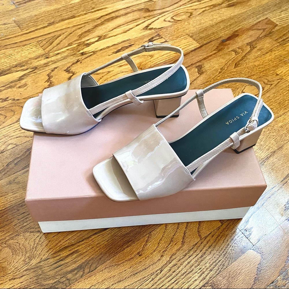Via Spiga Florian patent slingback low heel sandals, nude